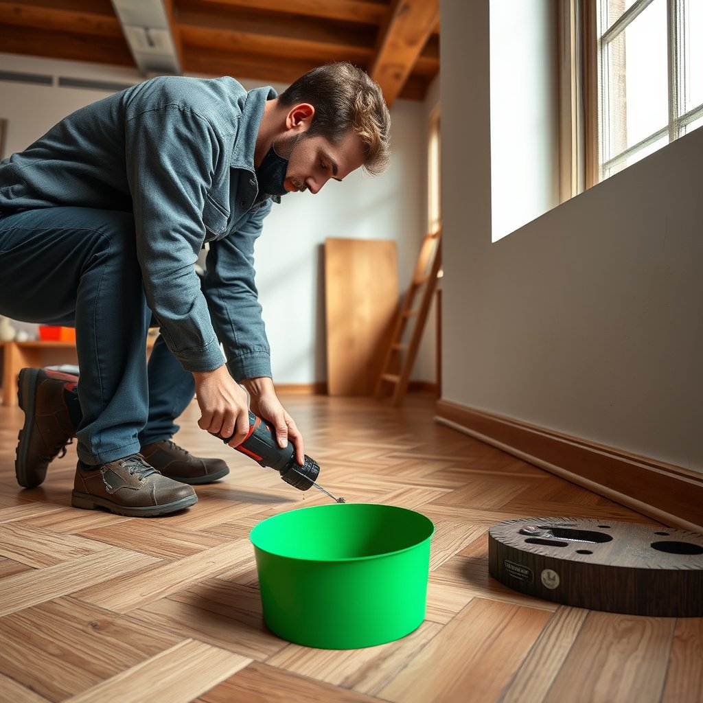 Image showing a close-up of a dent in herringbone flooring, highlighting finish-only vs. compressed wood damage.