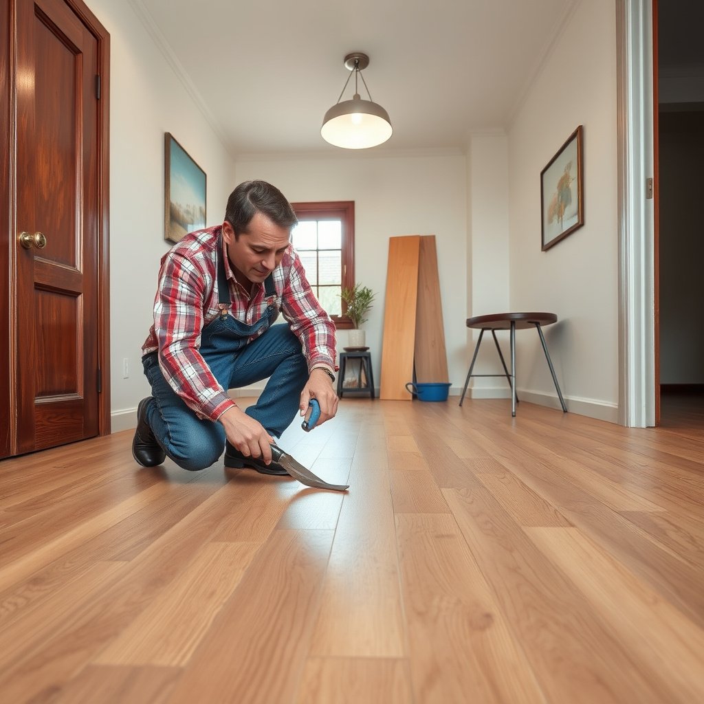 Image showing different types of dents in wood-look tile floors: chip, grout gap, and loose tile.