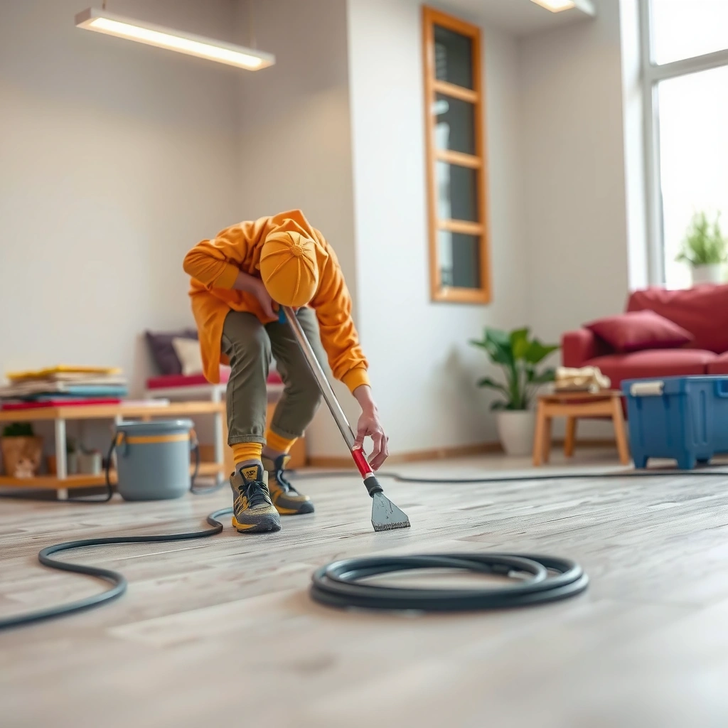 Person examining a dent in sheet vinyl flooring before repair.