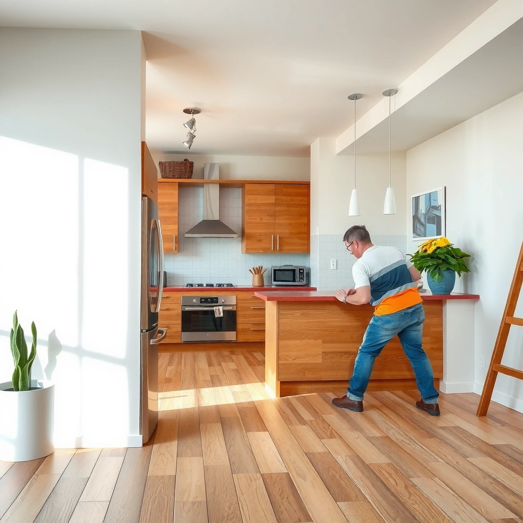 Close-up of engineered wood floor showing damage and wear layer assessment for restoration.