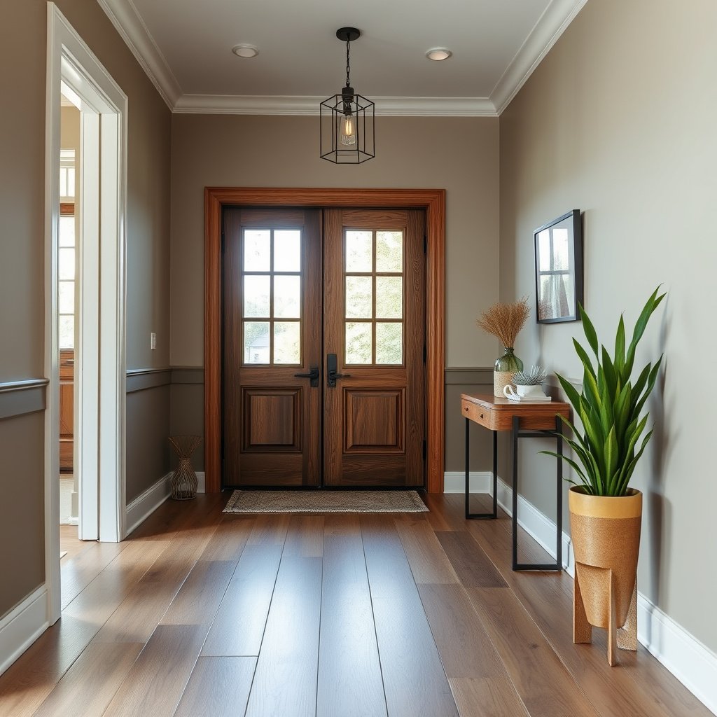 A homeowner evaluating existing engineered wood floors before replacement in an entryway.