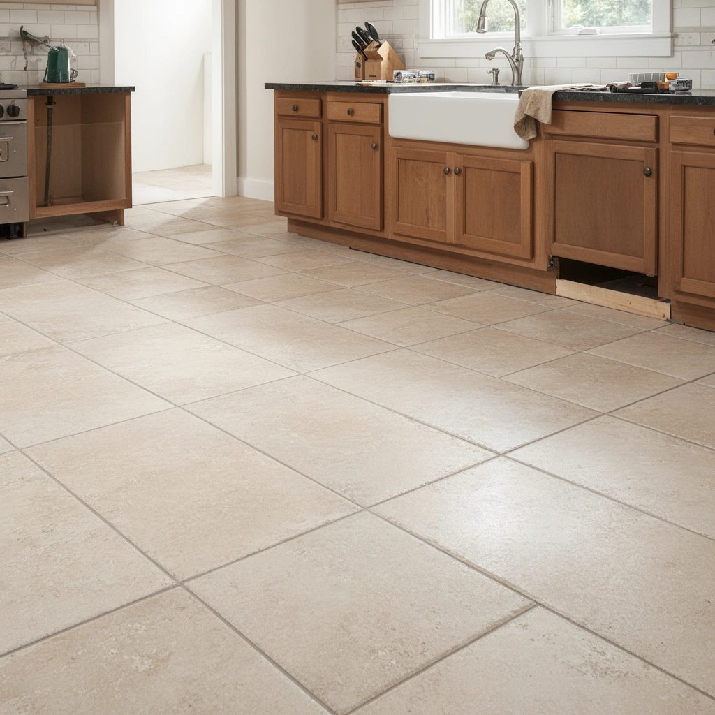 A person checking the stability and flatness of existing kitchen tile before installation.