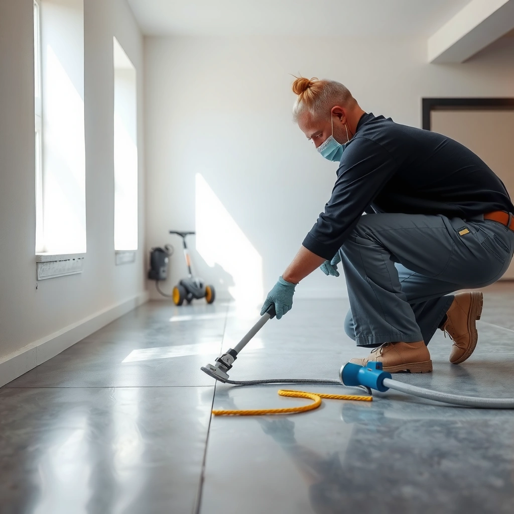 A homeowner inspecting damaged polyaspartic flooring before restoration.
