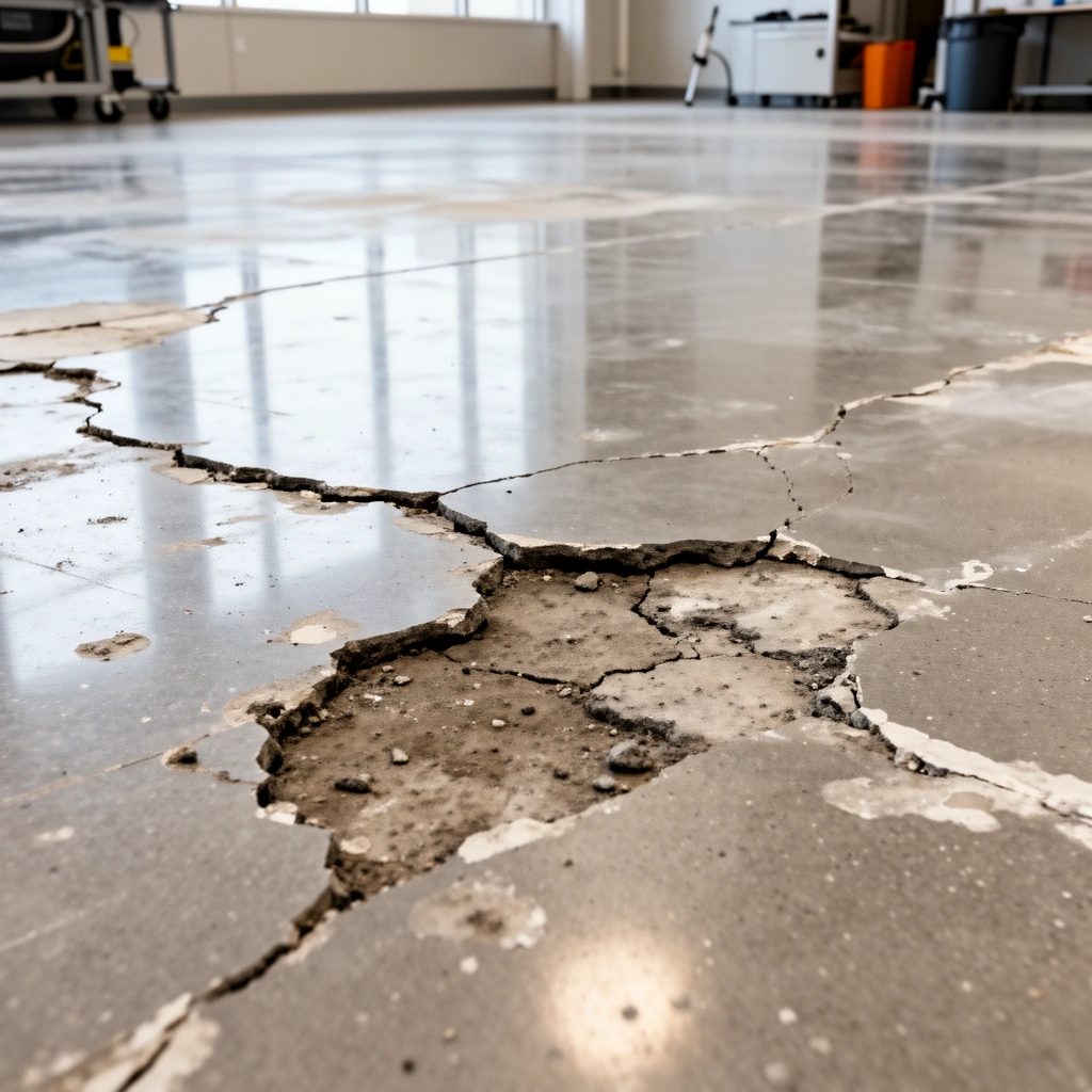A professional examining damaged commercial flooring before starting repairs.