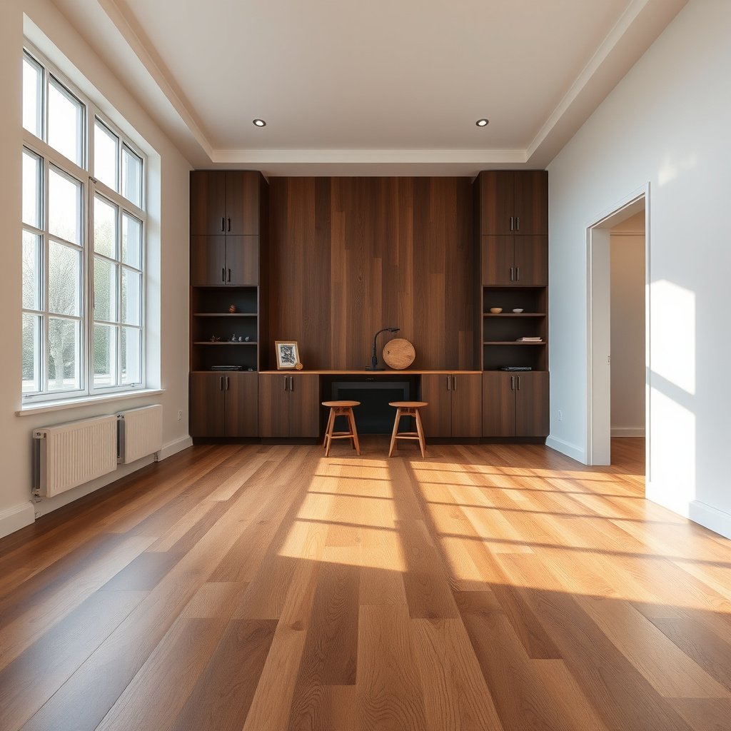 A person measuring floor flatness to identify low spots before leveling hardwood floors in an apartment.