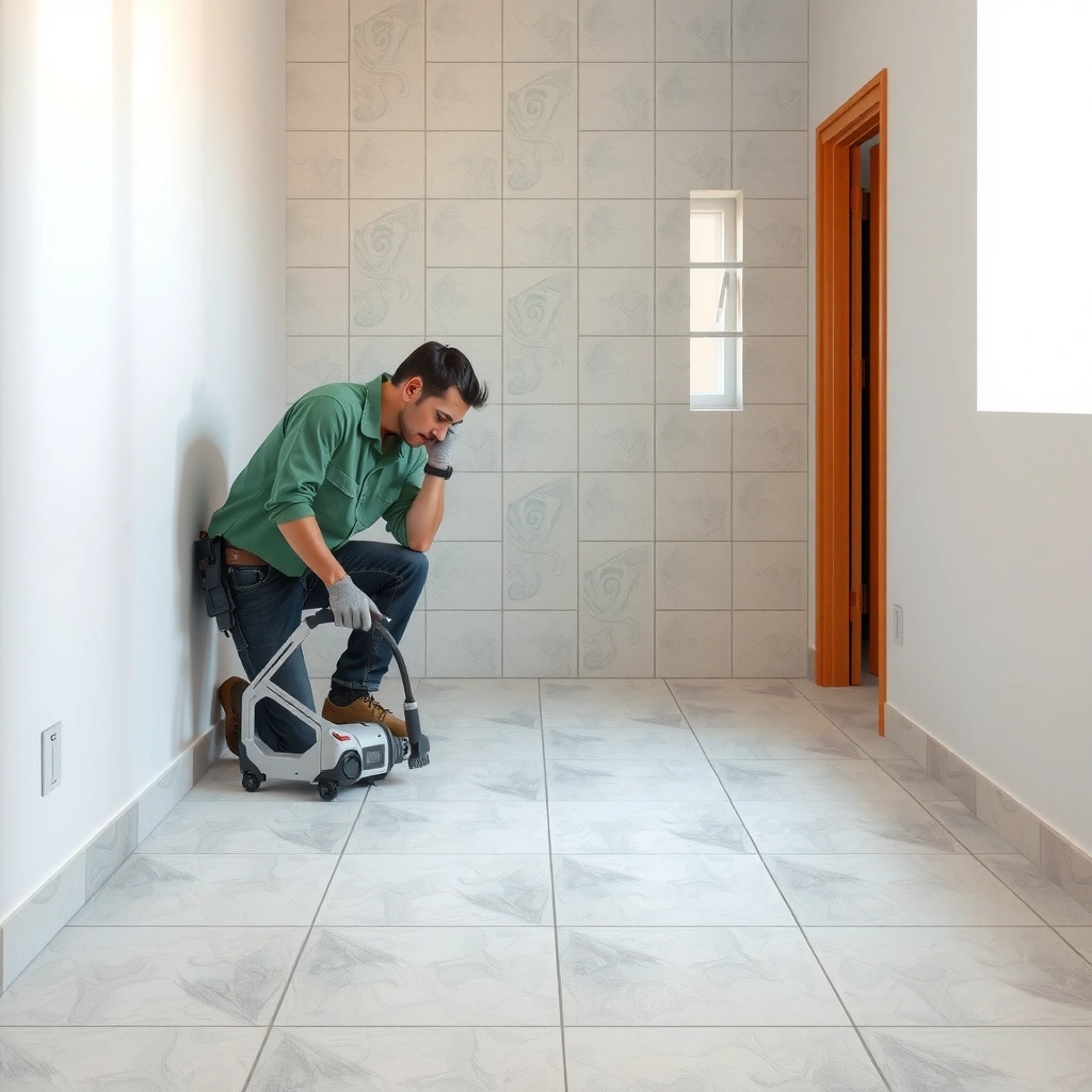 Measuring the flatness of a floor and identifying uneven areas for ceramic tile installation.