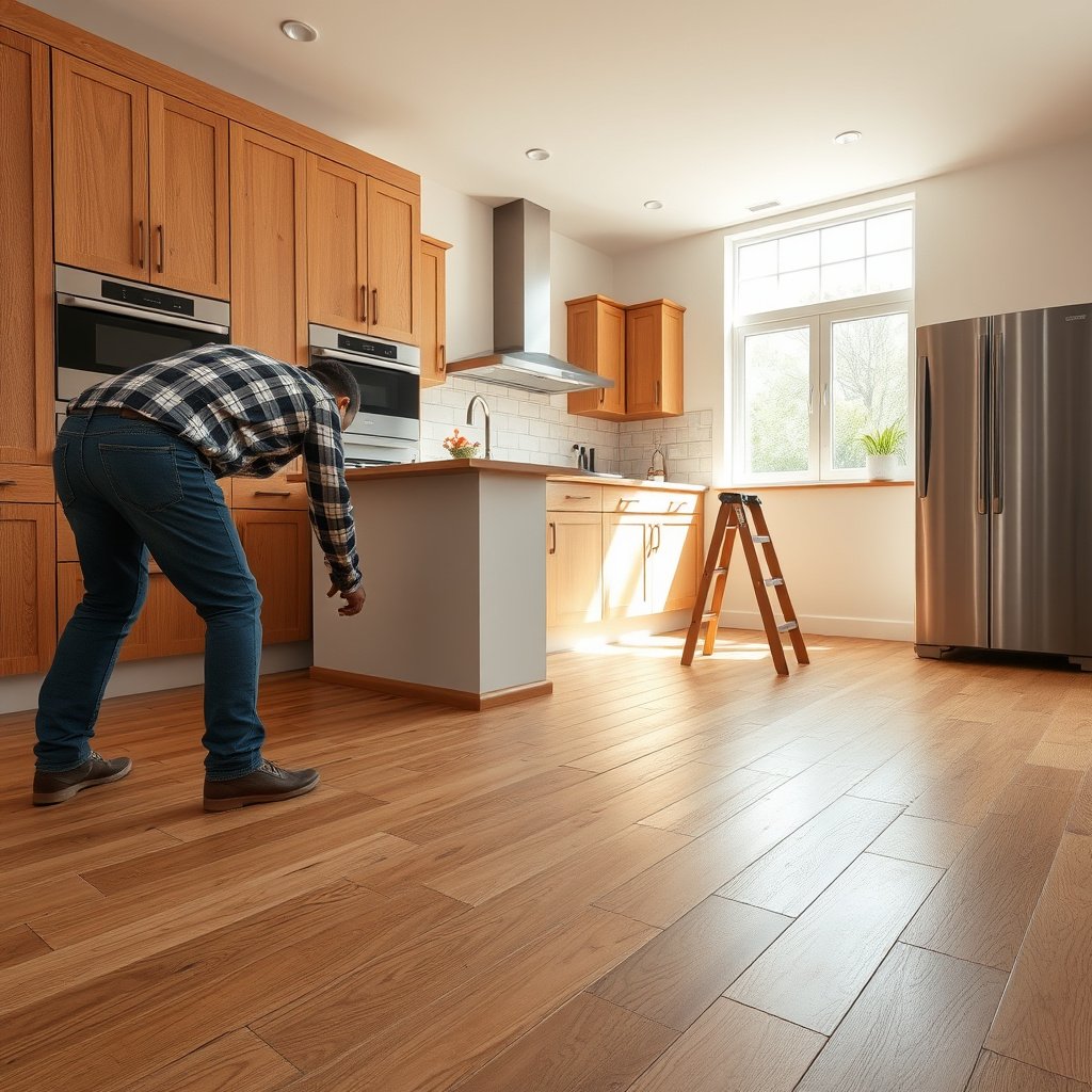 Measuring the height of hardwood floors to identify high and low spots before installation.