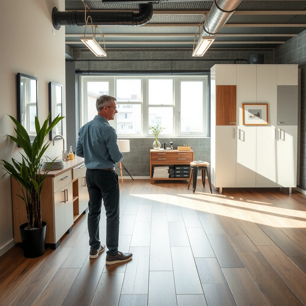 A person examining different types of vinyl flooring and subfloor conditions for replacement.