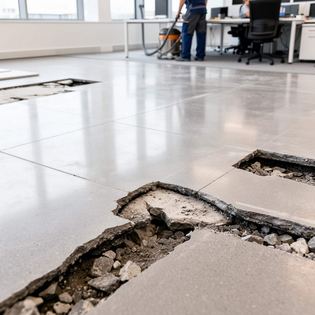 A person checking the level of uneven floors with a leveling tool in a commercial setting.