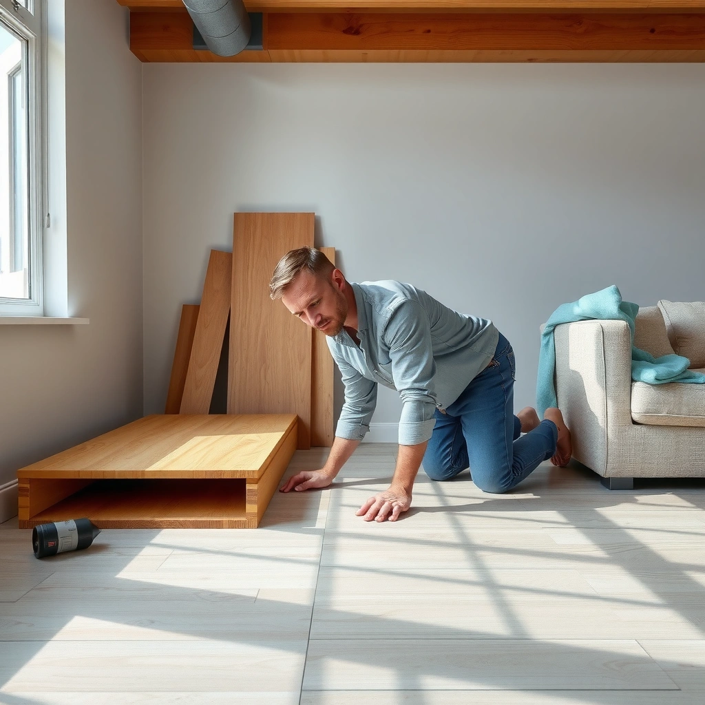 A close-up view of an uneven floor surface, highlighting discrepancies before installing sheet vinyl floors.