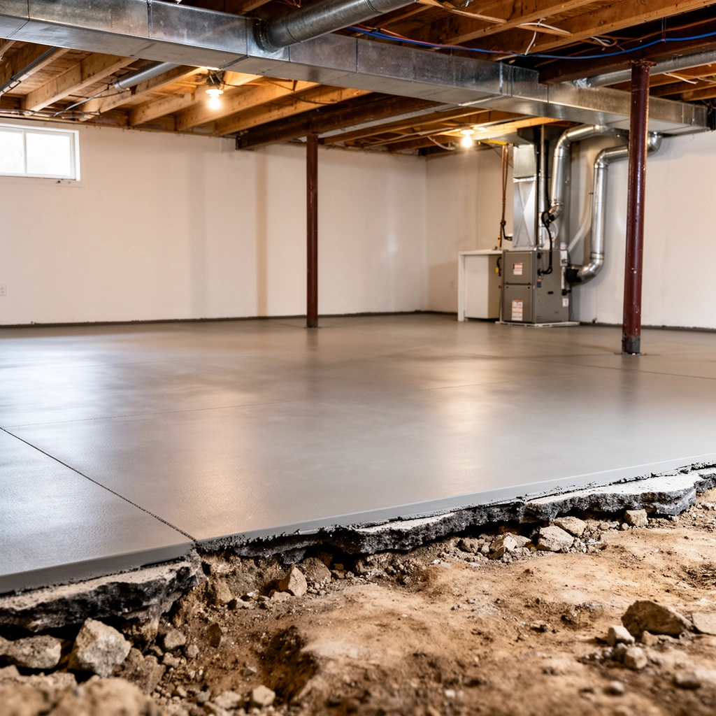 Measuring uneven floor levels before purchasing materials for basement installation.