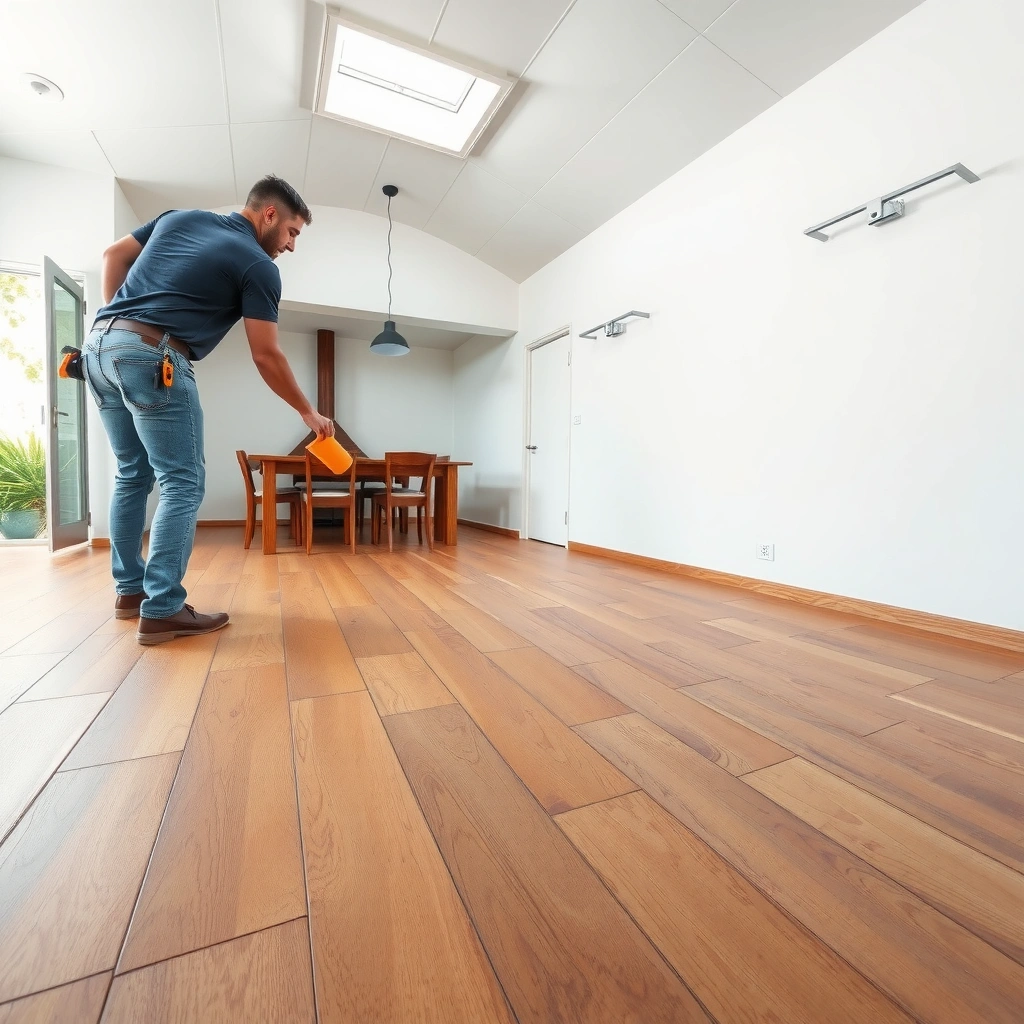 A person measuring the unevenness of a floor before installing laminate flooring.