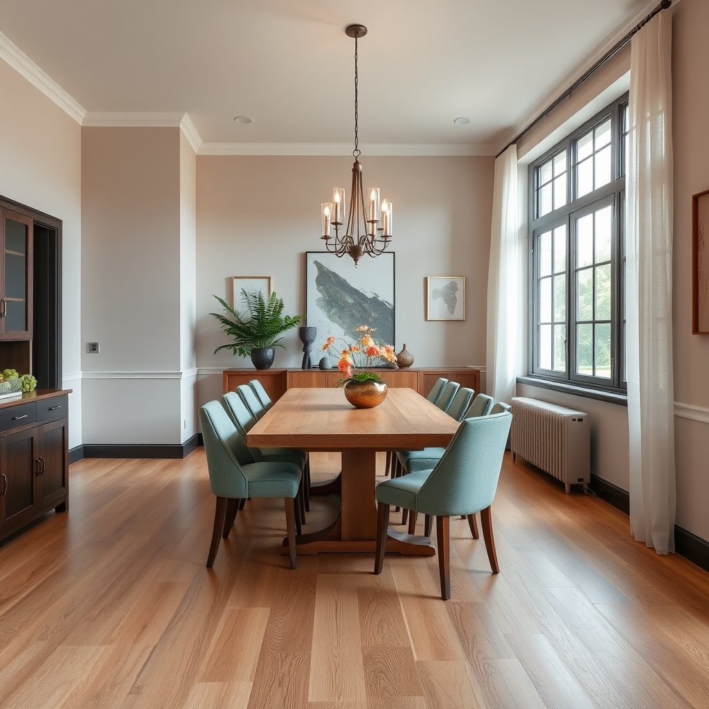 A homeowner evaluating engineered wood floors for replacement in a dining room.