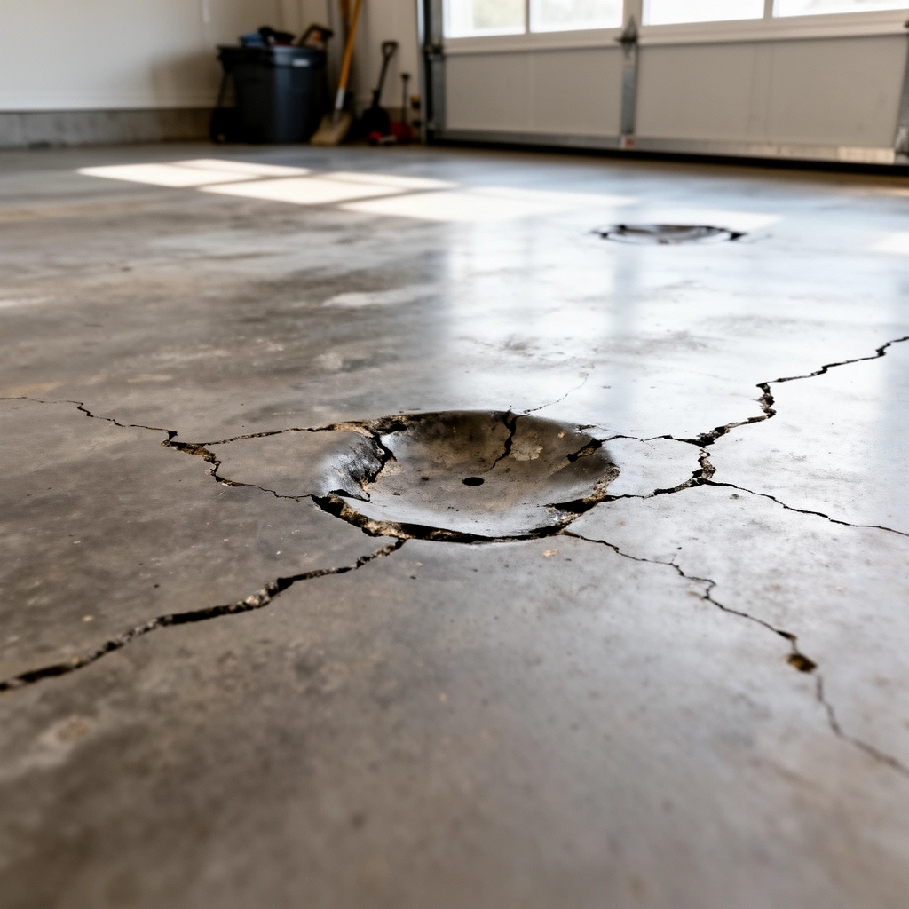 Close-up of garage floor dent showing depth, cracks, and loose concrete for repair assessment.