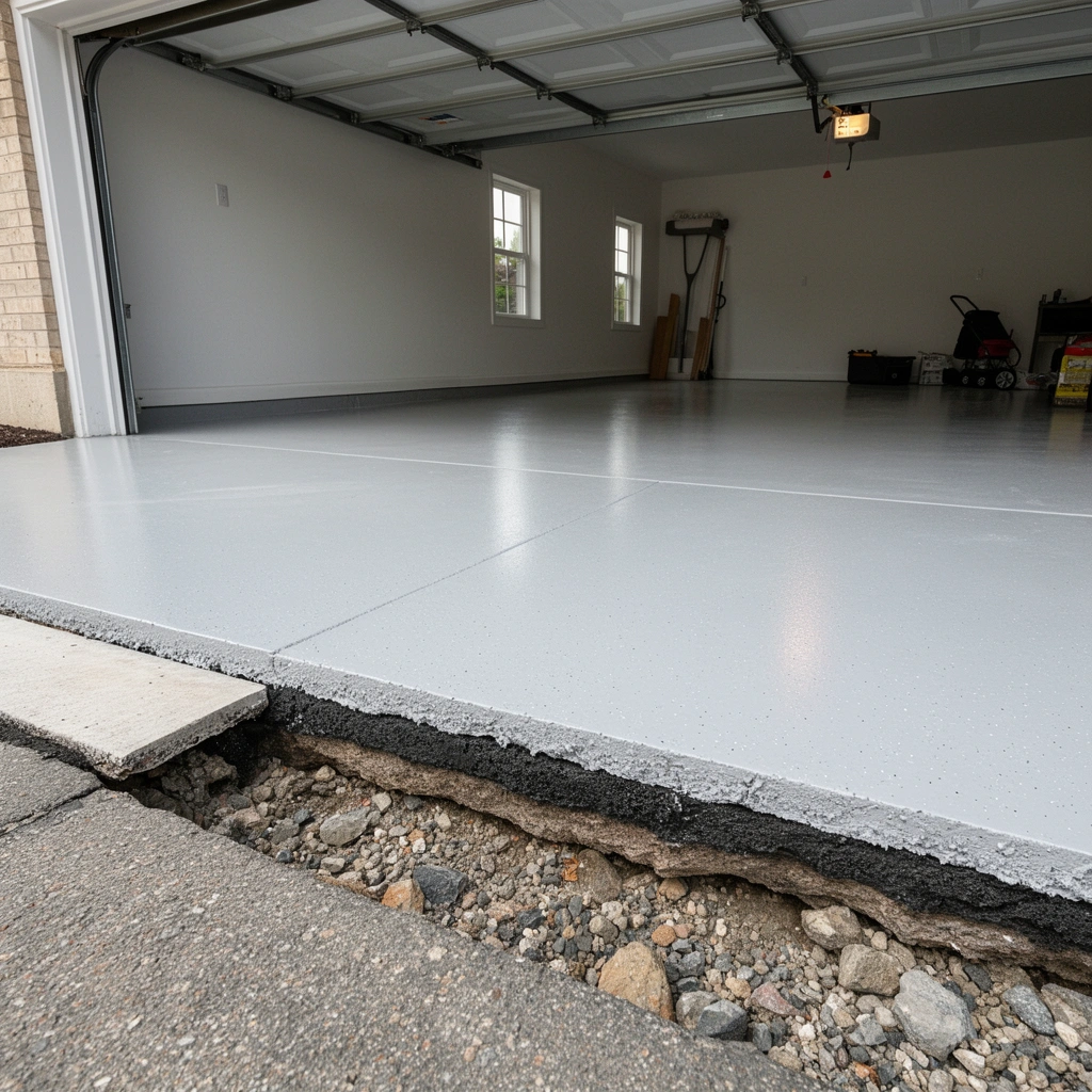 A person checking the level of an uneven garage floor with a spirit level tool.