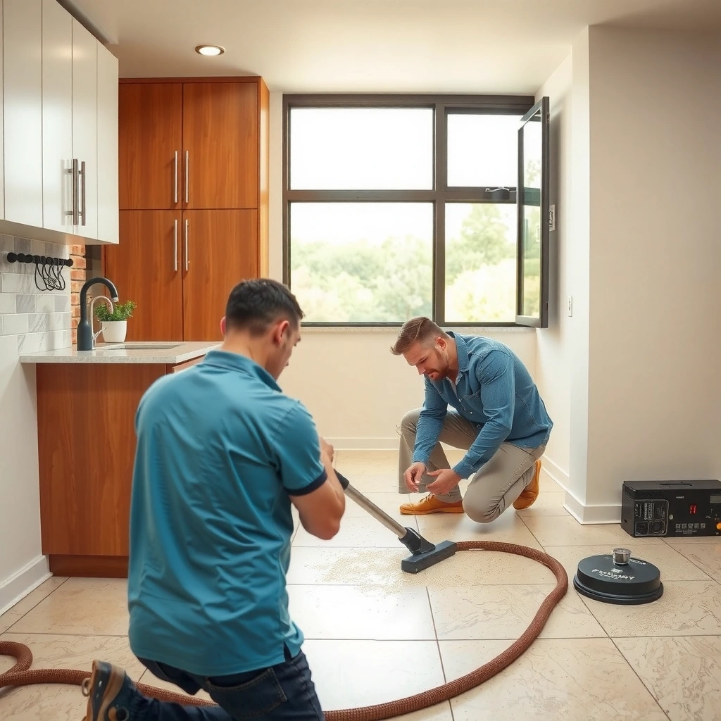 A homeowner inspecting granite floors to determine if refinishing is needed.