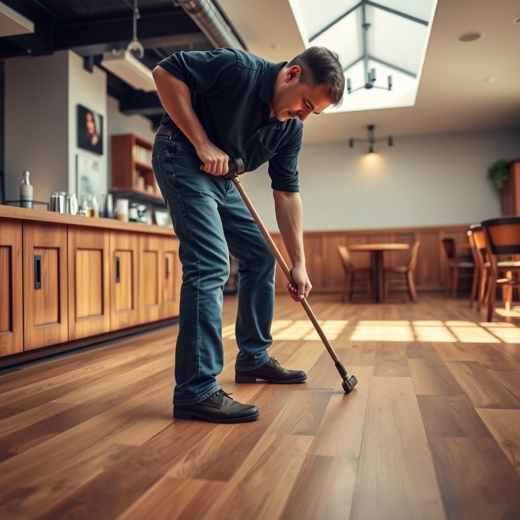 Inspecting hardwood floor for moisture risks, wear patterns, and finish in a restaurant setting