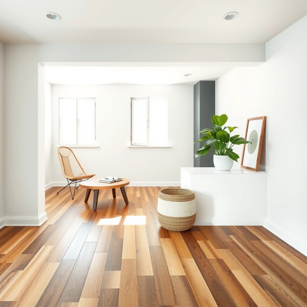 A homeowner inspecting damaged hardwood floors to identify the type of wood for replacement.