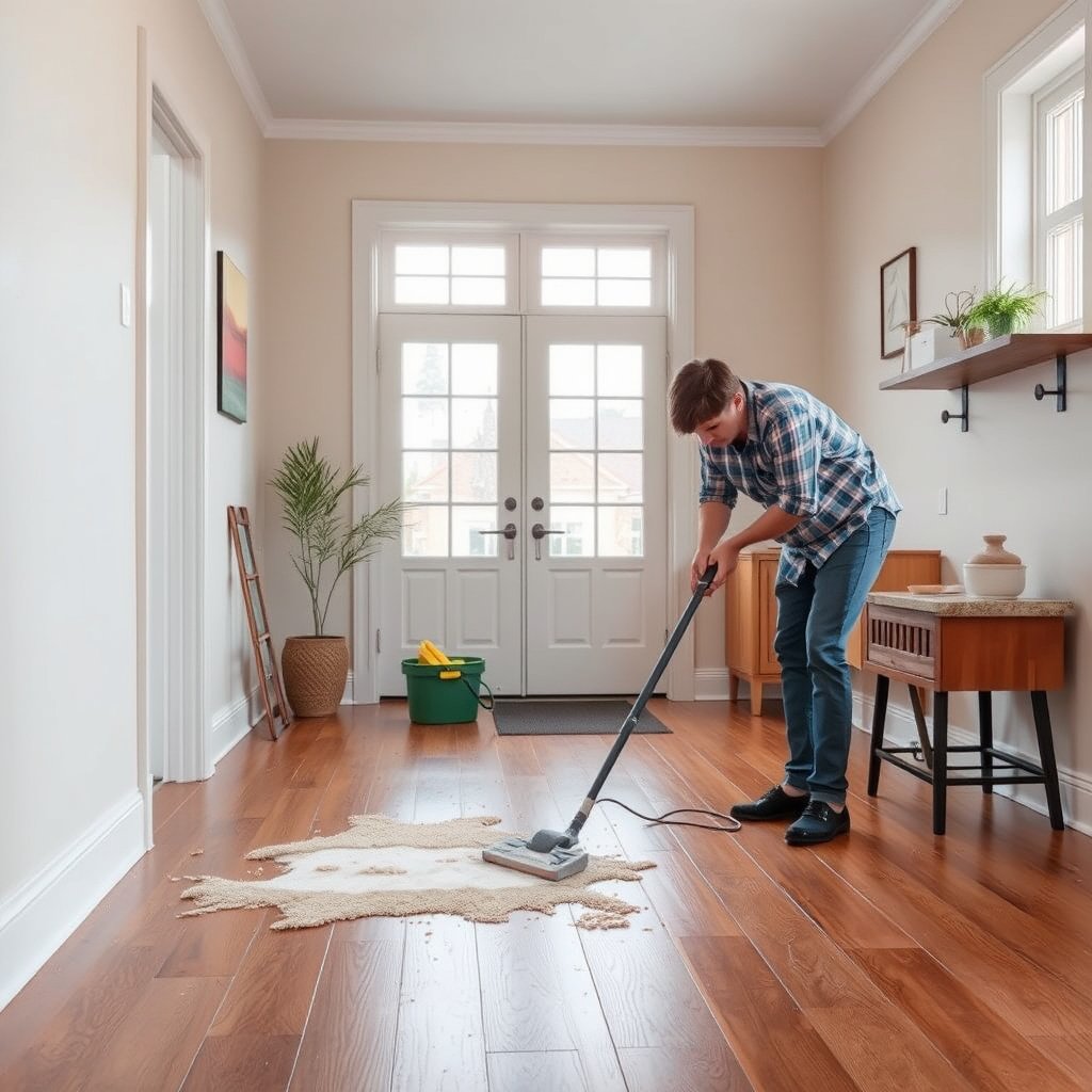 Person inspecting hardwood floor for mud damage before cleaning