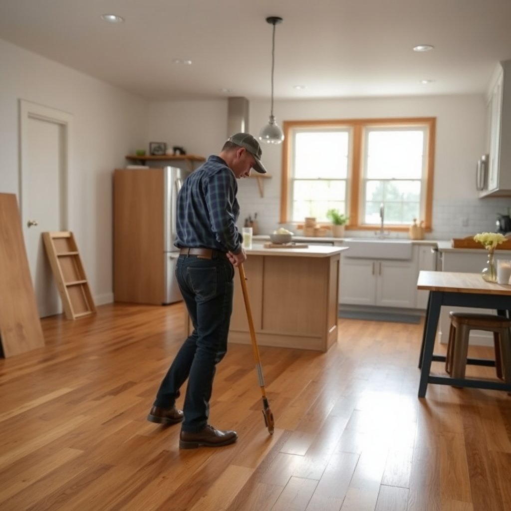 Image showing a person inspecting damaged hardwood flooring in a kitchen