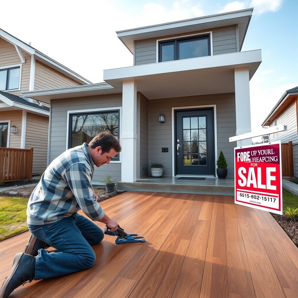 A person inspecting damaged hardwood floors in a rental property before repairs.