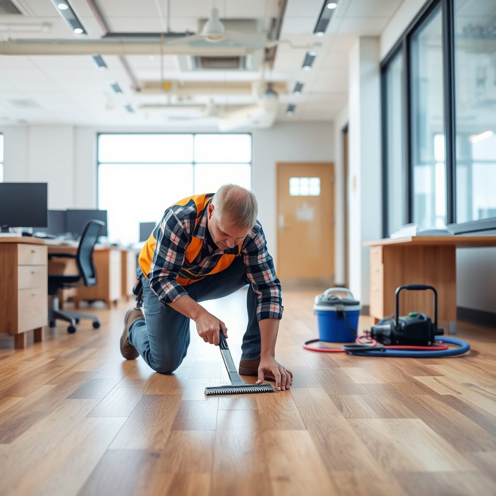 Image showing a professional assessing broken hardwood floors in a commercial office setting.
