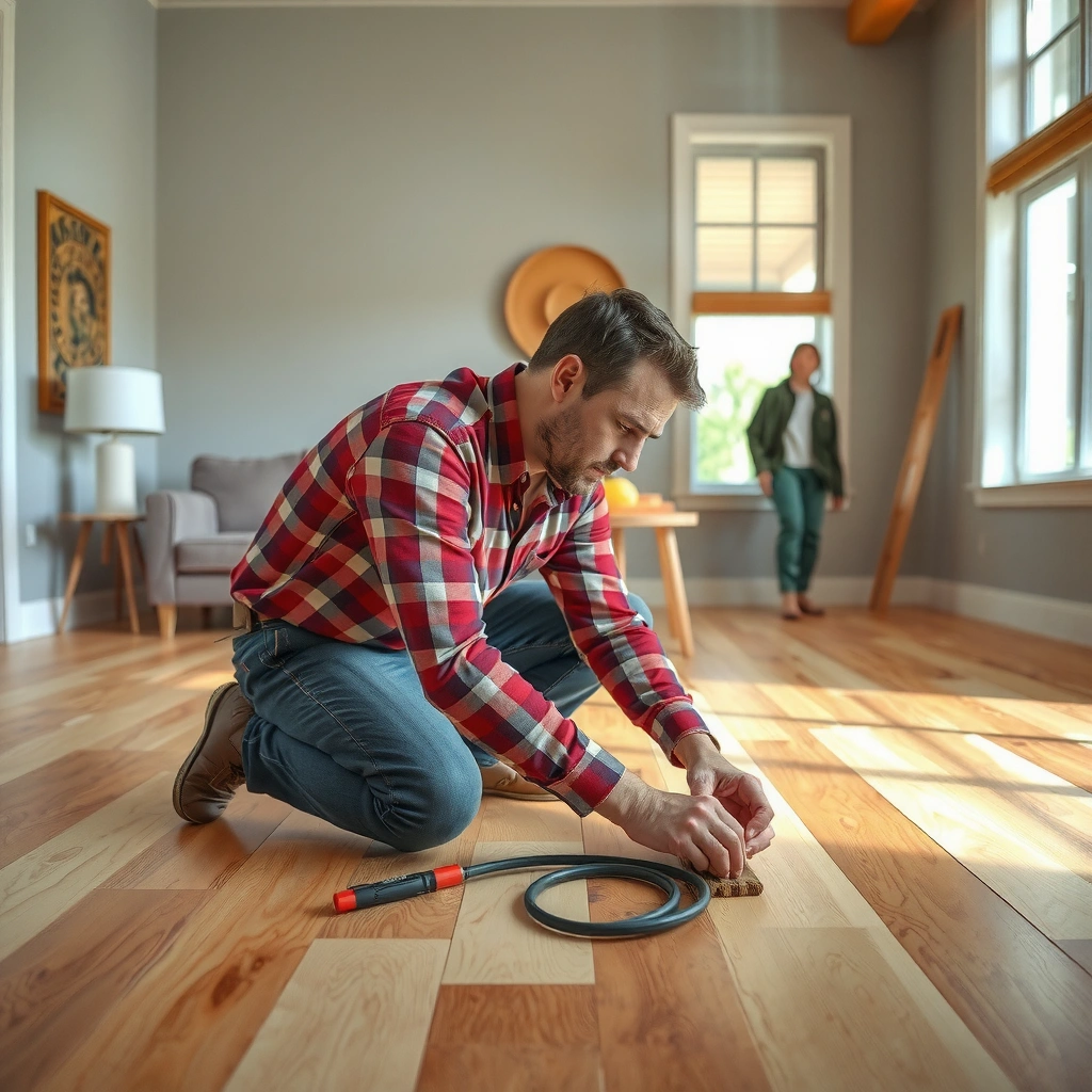 A close-up view of damaged hardwood floors showing scratches and dents before repair.