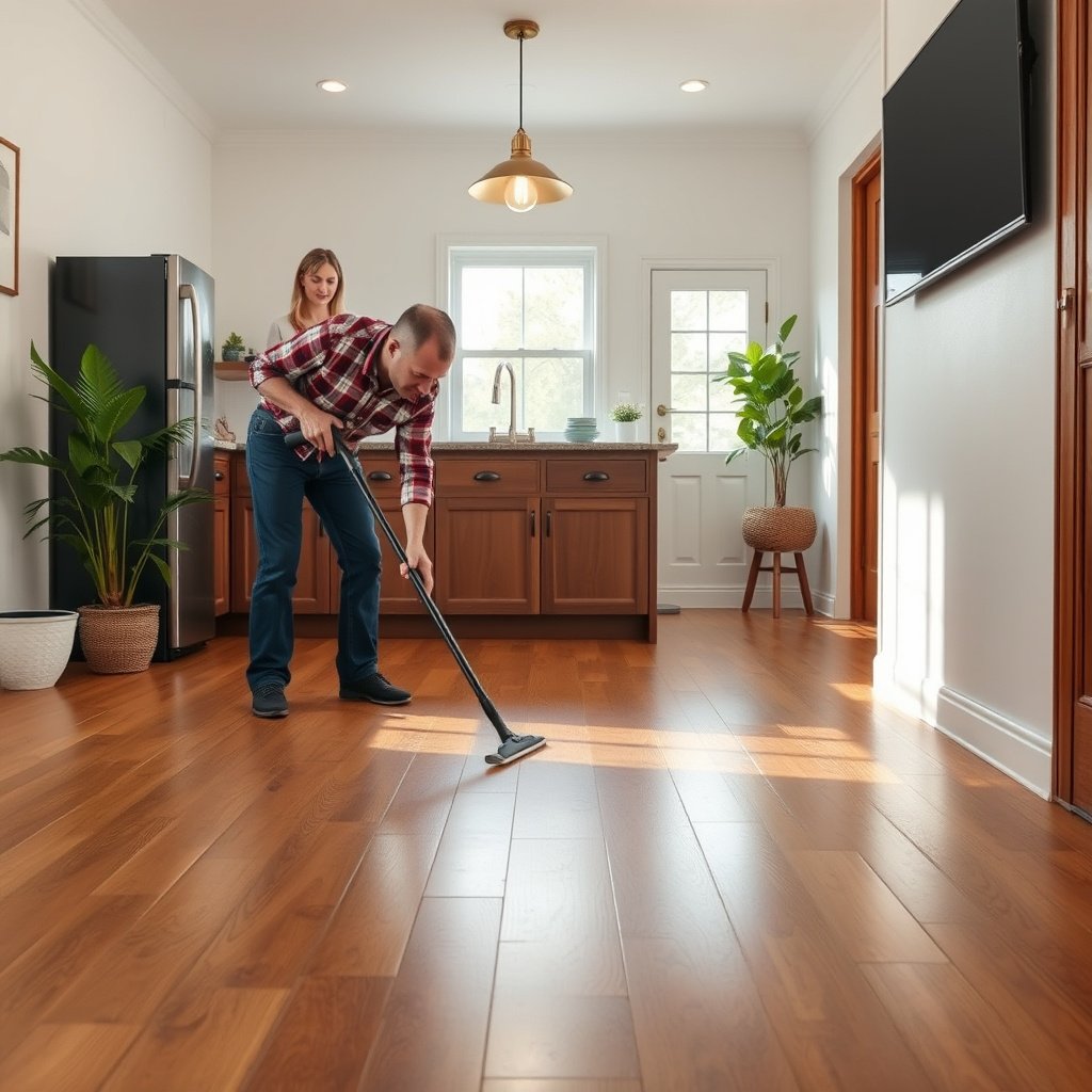A close-up view of hardwood floor finish and food stain source for deep cleaning assessment.