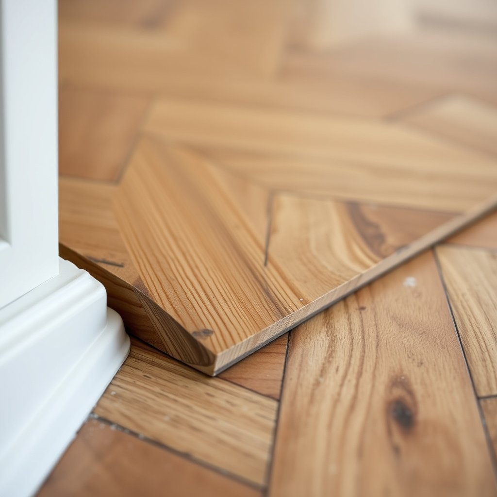 Homeowner evaluating areas to repair and safely remove in herringbone flooring