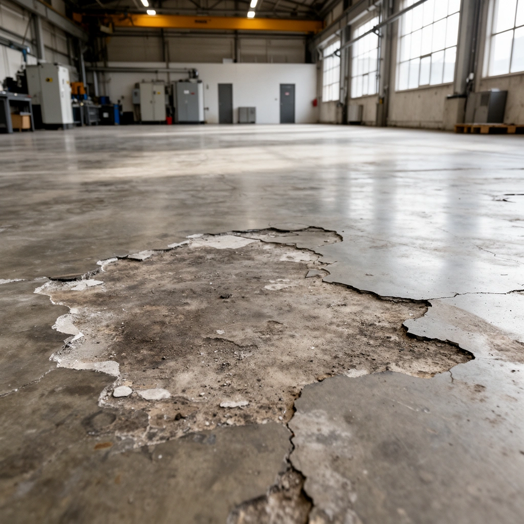 Image showing the assessment of industrial floor damage and identifying root causes for repair.