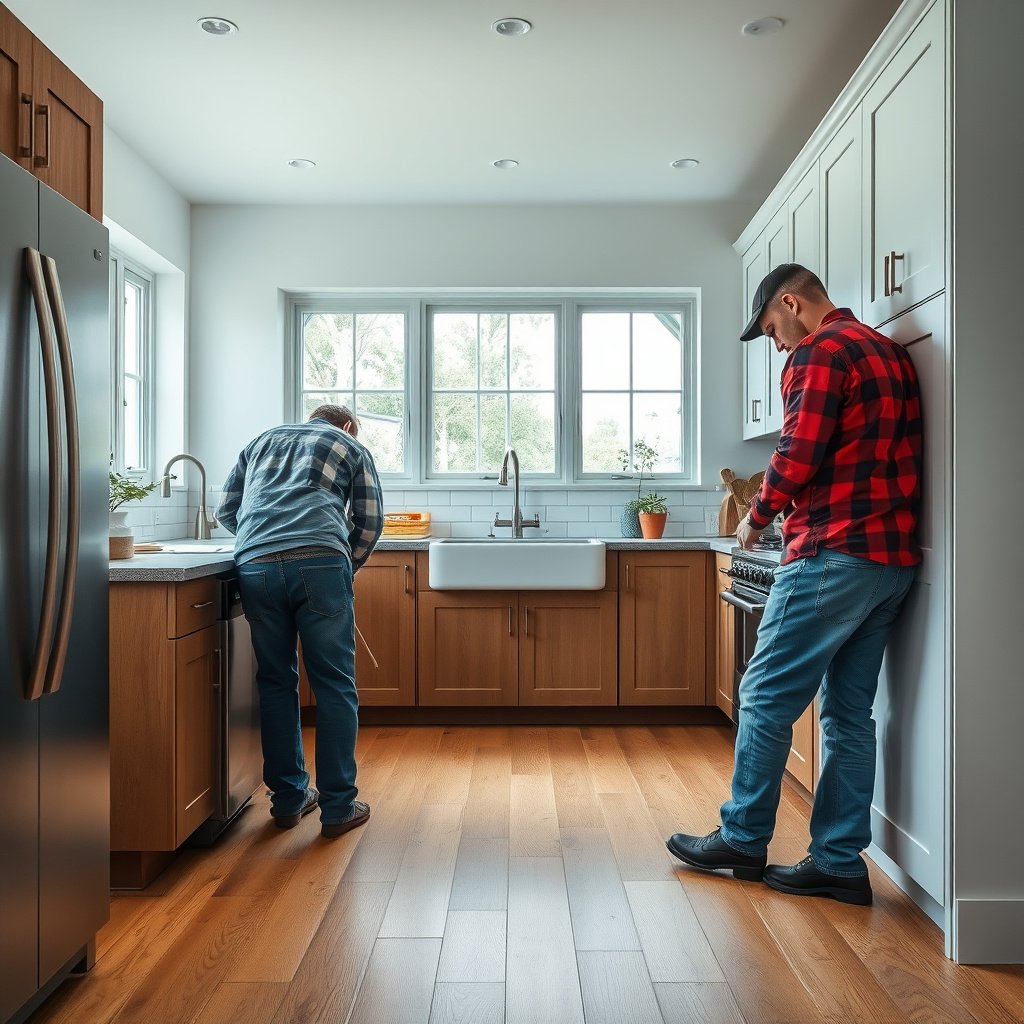 A homeowner assessing existing engineered wood floors and checking kitchen moisture levels before replacement.