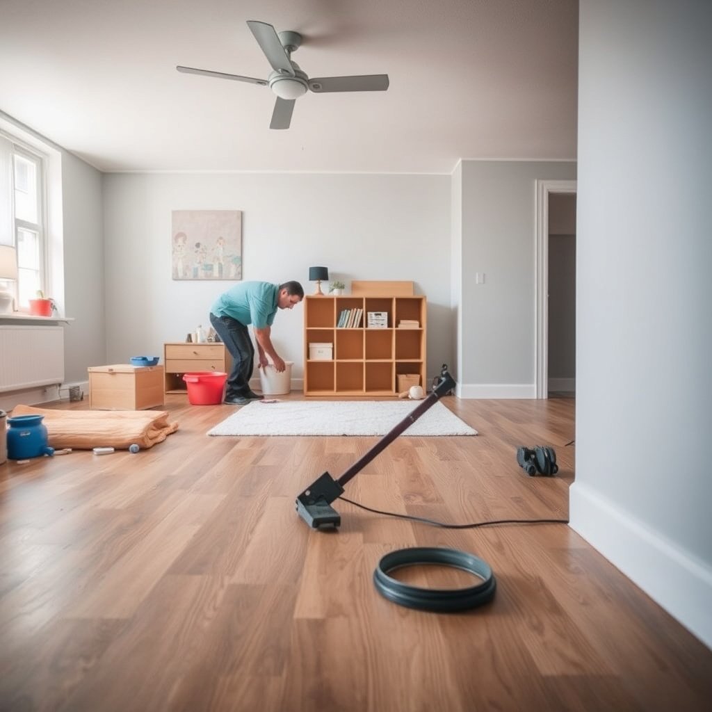 A person inspecting damaged laminate flooring in a playroom before repairs.