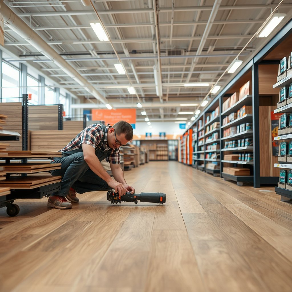 A retail worker inspecting damaged laminate flooring to identify the cause of wear and tear.