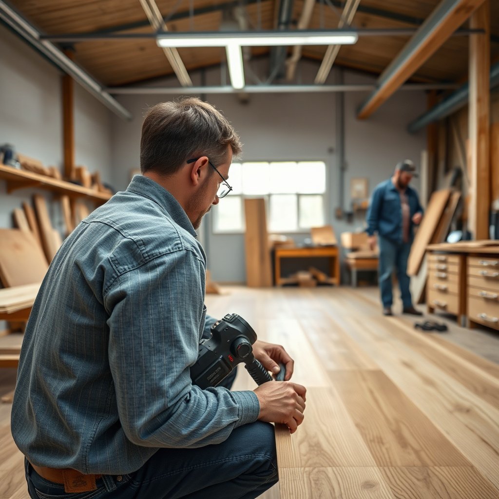 A person inspecting damaged laminate flooring in a workshop before repairs.