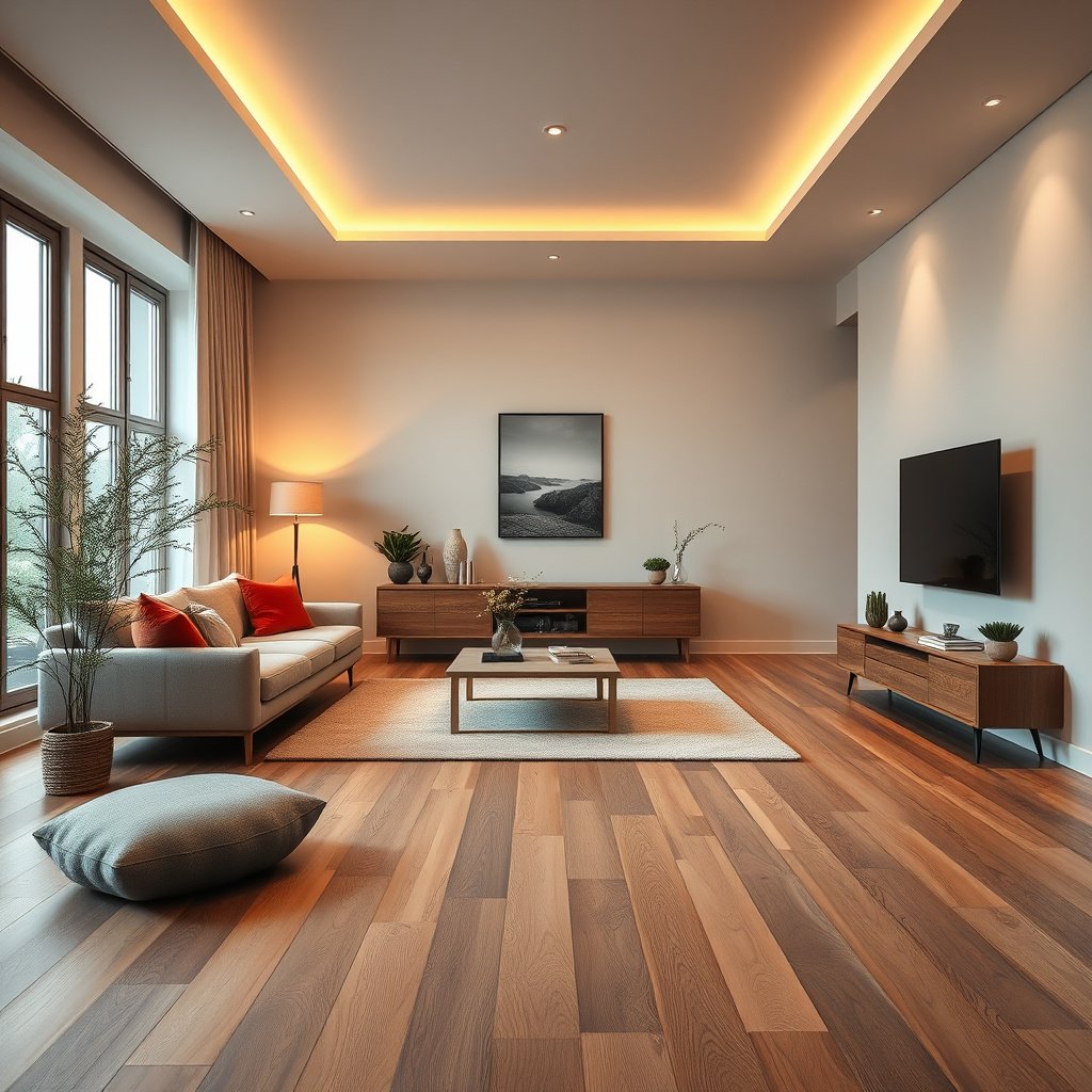 A living room being assessed for parquet floor installation, showcasing different parquet types.