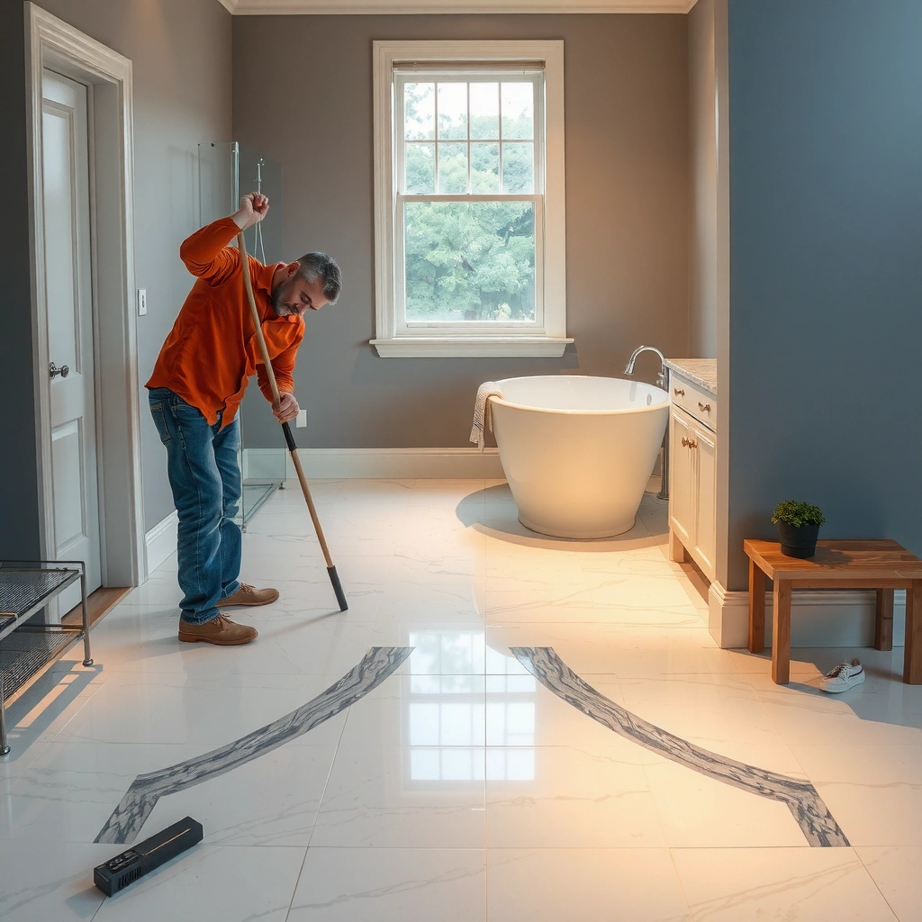 A close-up view of a marble floor showing scratches and stains before refinishing.