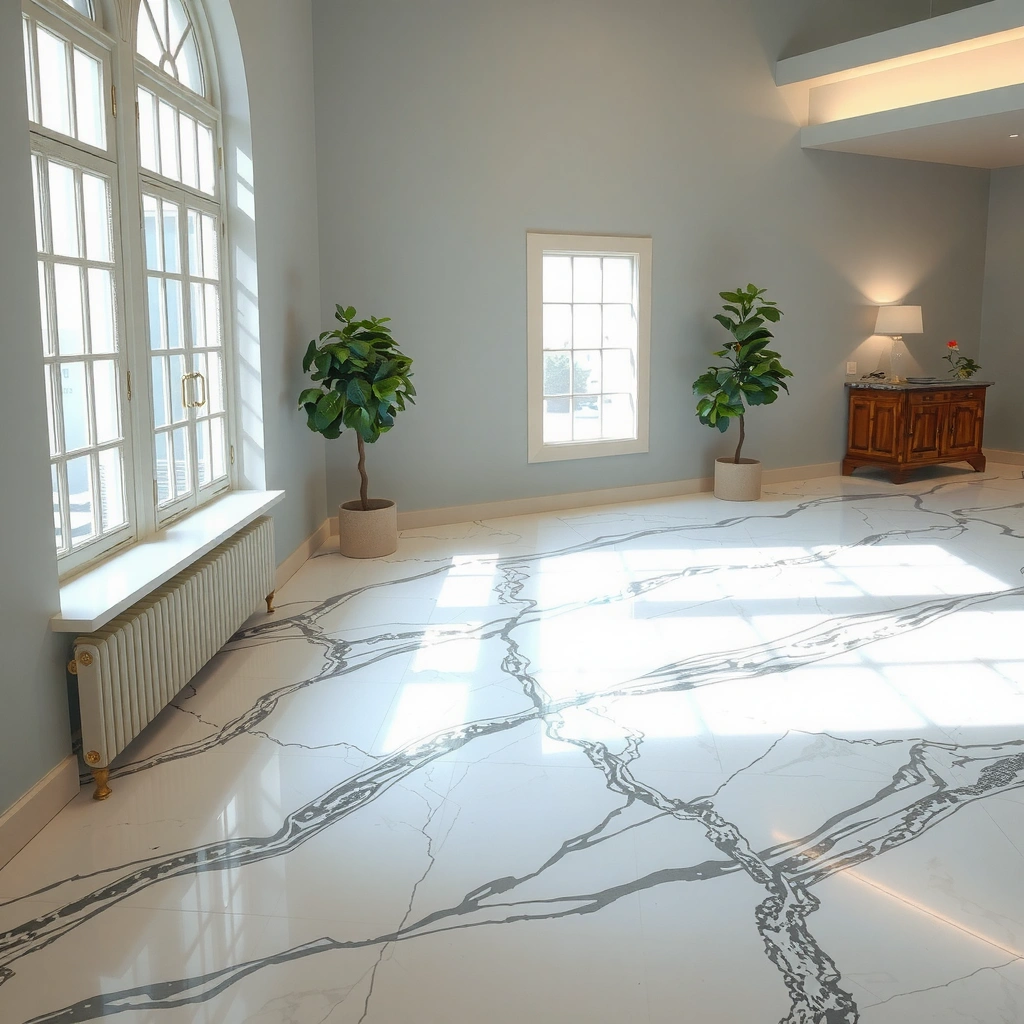 A person examining scratches and stains on a marble floor before restoration.