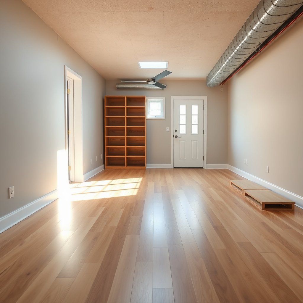 Assessing moisture levels and floor type for engineered wood floor replacement in a basement.
