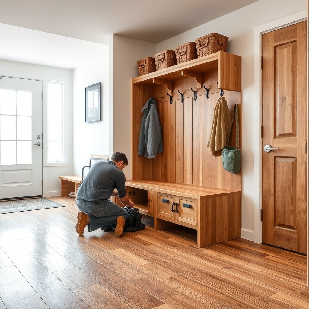A homeowner checks moisture levels and subfloor condition before replacing engineered wood floors in a mudroom.
