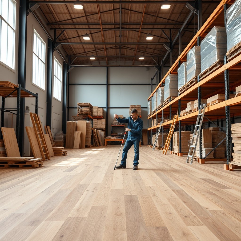 A technician checking moisture levels and subfloor conditions for hardwood floor preparation in a warehouse.