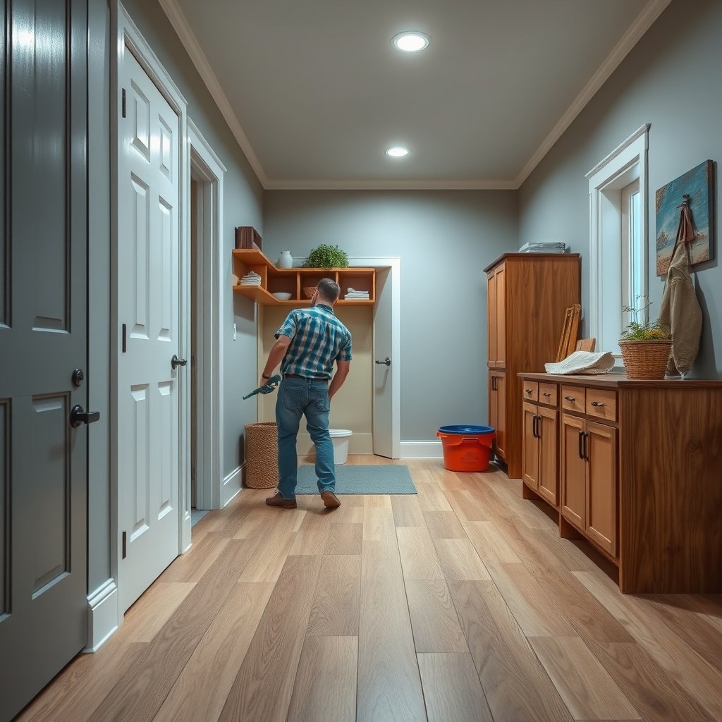 Image showing the assessment of moisture risk and subfloor condition for laminate floors in a mudroom.