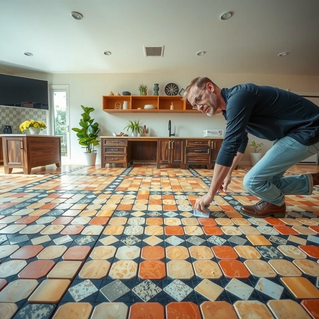 A close-up view of damaged mosaic tile flooring, highlighting cracks and loose tiles for repair assessment.