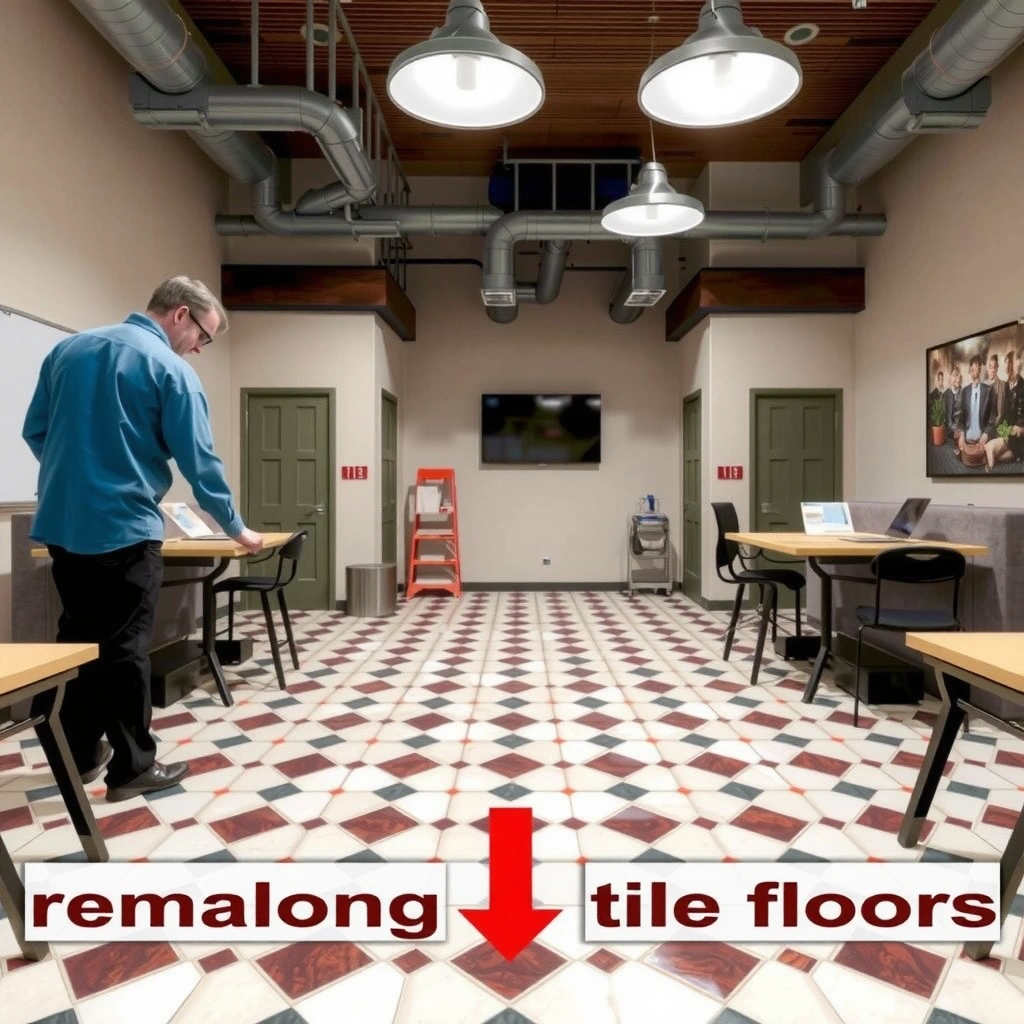 A homeowner inspecting damaged mosaic tile floors to plan for replacement.