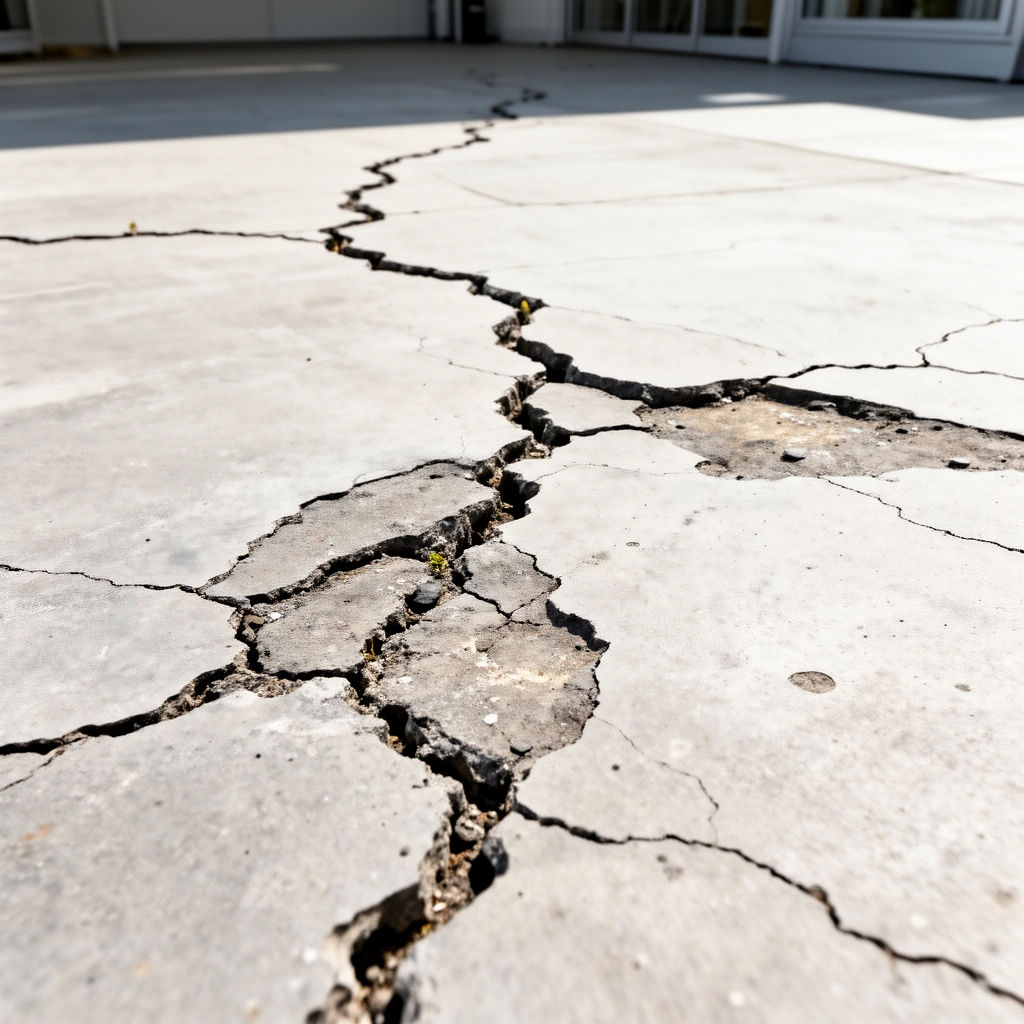 Image showing a close-up of a crack in an outdoor floor, highlighting size, depth, and movement for repair assessment.