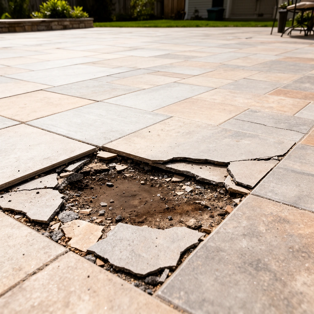 Image showing assessment of damaged outdoor flooring for replacement planning.
