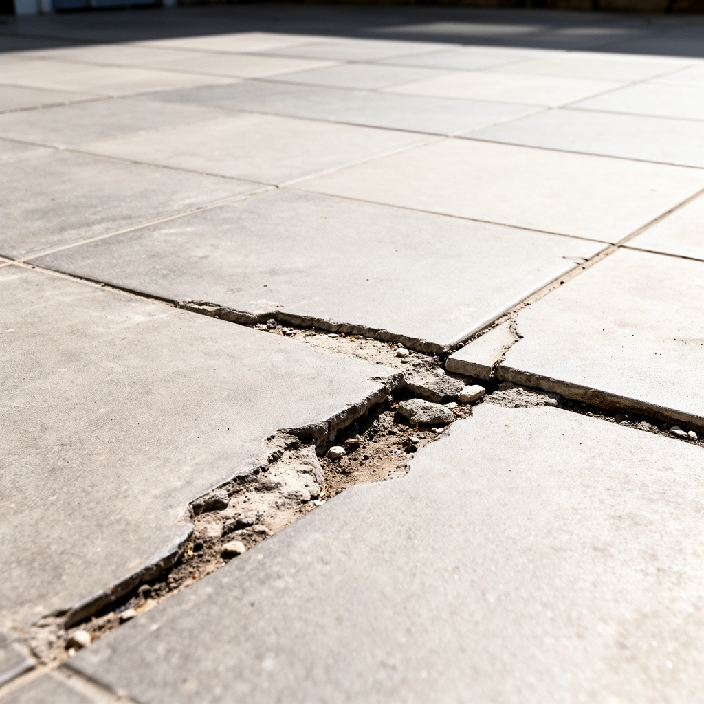 Person inspecting gaps in outdoor flooring to identify the cause of the problem