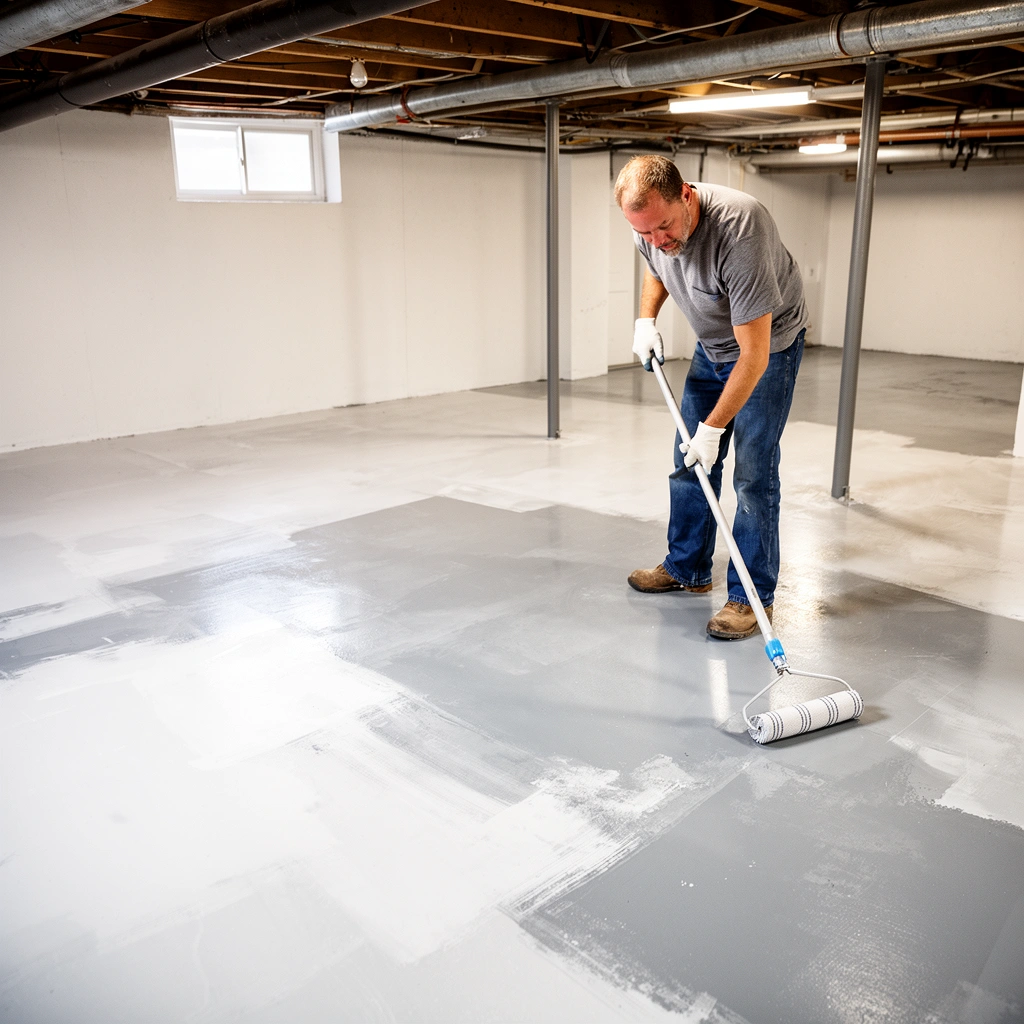 Person inspecting paint on a basement floor before scraping it off safely