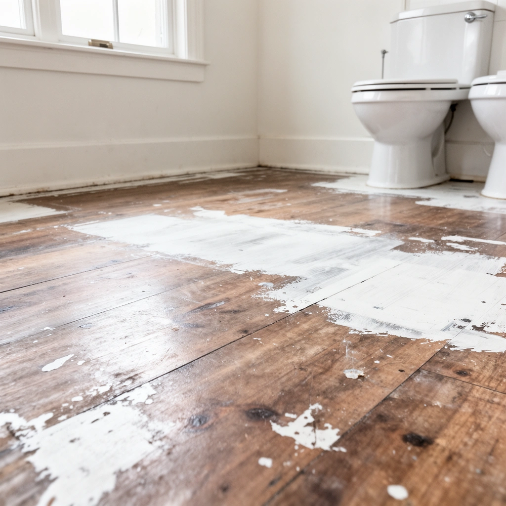 A person examining paint stains on a bathroom floor before removal.