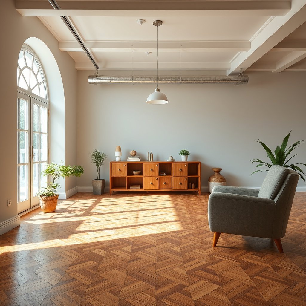 A person examining the condition of parquet flooring while gathering supplies for refinishing