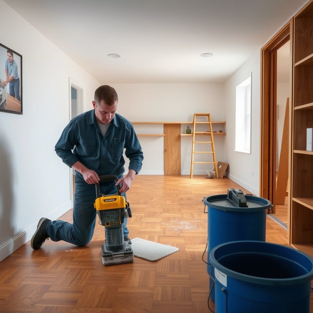 A person inspecting a parquet floor for damage to determine the right repair method.